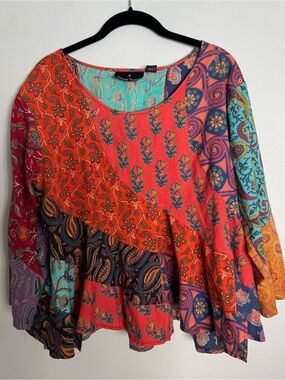 Sacred Threads Red & Teal Mixed-Print Boho Tunic